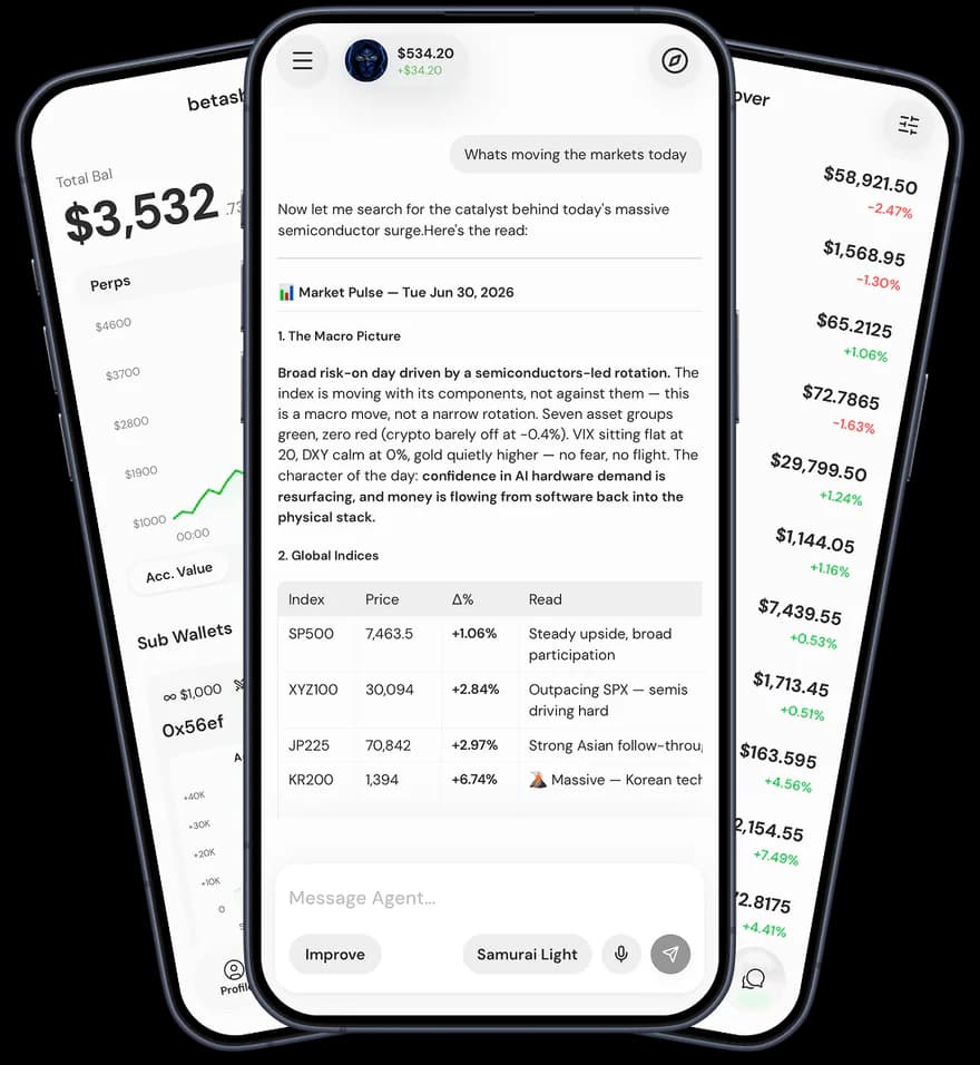 Senpi app: chat with your agent, your wallets and PnL, and the discover feed